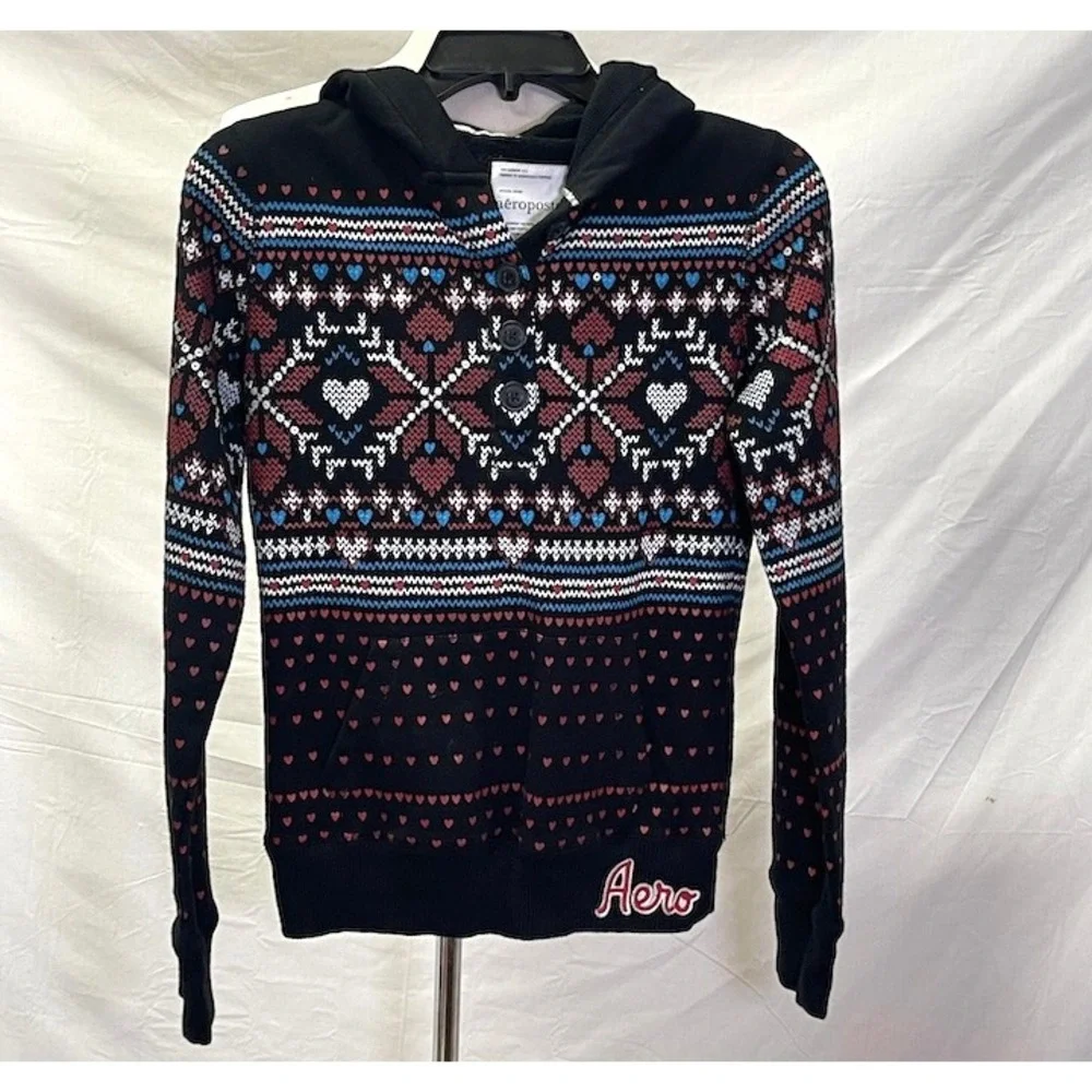 AEROPOSTALE Girls Black Multicolor‎ Hooded Sweater M